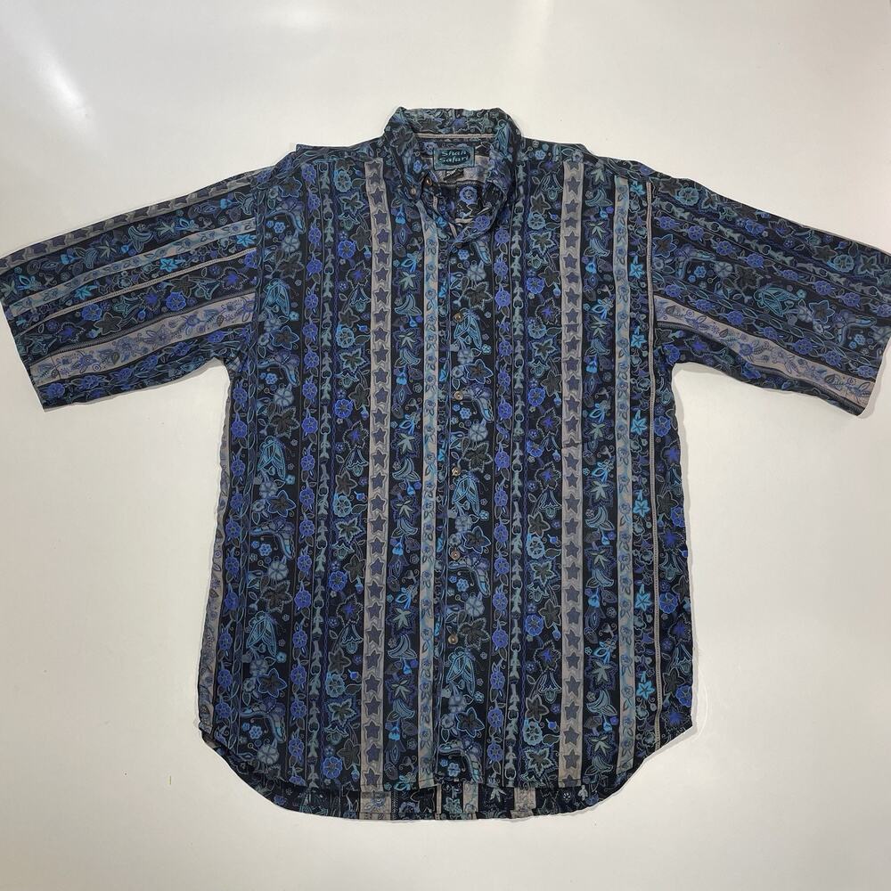 VTG 90s Shah Safari Men's M Teal Tribal Geometric Medallion Camp Shirt Retro